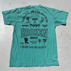 Men's Broken Promises T-Shirt Green Spell-Out M Streetwear Art Cartoon City Hip